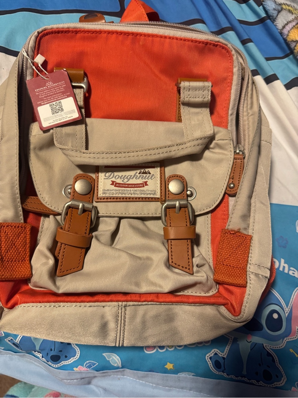 Men/women’s Canvas Backpack - Beige & Orange/red doughnut mini macaroon.